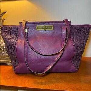 Elliott Lucca Purple Plum Lazer Pattern Cut Leather Carryall Tote